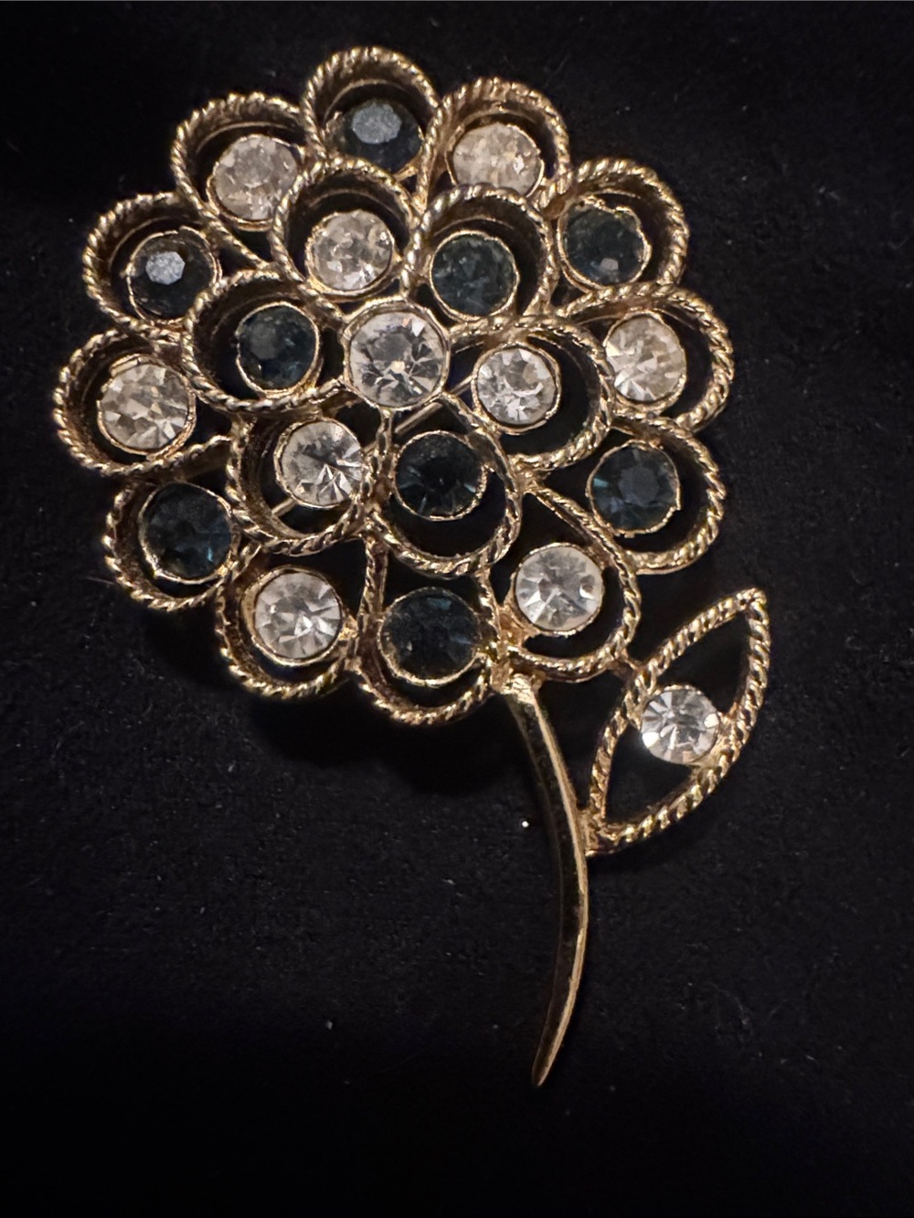 Vintage 1960s Gold Floral Crystal Brooch - Sparkling Clear and Dark Blue Stones